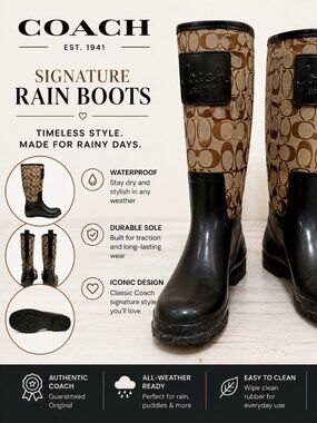 Coach Signature Rain Boots Women’s Size 7.5 | Chic Waterproof Designer Boots ✨